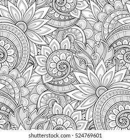 Vector Seamless Monochrome Floral Pattern. Hand Drawn Floral Texture, Decorative Flowers, Coloring Book