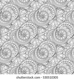 Vector Seamless Monochrome Floral Pattern. Hand Drawn Floral Texture, Decorative Flowers, Coloring Book