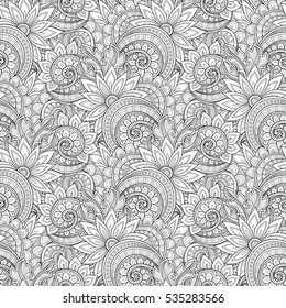 Vector Seamless Monochrome Floral Pattern. Hand Drawn Floral Texture, Decorative Flowers, Coloring Book