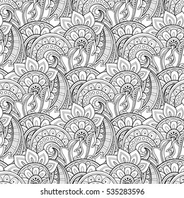 Vector Seamless Monochrome Floral Pattern. Hand Drawn Floral Texture, Decorative Flowers, Coloring Book