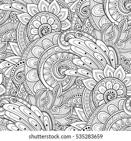 Vector Seamless Monochrome Floral Pattern. Hand Drawn Floral Texture, Decorative Flowers, Coloring Book