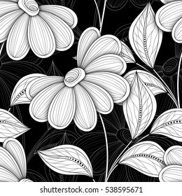 Vector Seamless Monochrome Floral Pattern. Hand Drawn Floral Texture, Decorative Flowers, Coloring Book