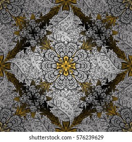 Vector Seamless Monochrome Floral Pattern. Hand Drawn Floral Texture, Decorative Flowers, Yellow. Radial gradient shape.