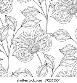 Vector Seamless Monochrome Floral Pattern. Hand Drawn Floral Texture, Decorative Flowers, Coloring Book