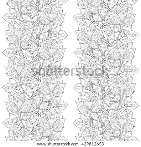 Vector Seamless Monochrome Floral Pattern. Hand Drawn Floral Texture, Decorative Flowers, Coloring Book