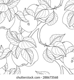 Vector Seamless Monochrome Fruit Pattern. Hand Drawn Decorative Branch of Apple Tree