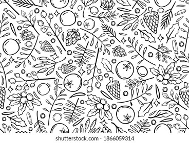 vector of seamless monochrome line hand drawing christmas background. christmas time illustration greeting cards template with flowers and petals in white background.