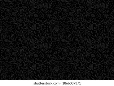 vector de fondo de navidad sin soldadura monocromo para dibujar a mano. plantilla de tarjetas de felicitación de la ilustración de navidad con flores y pétalos de fondo negro.