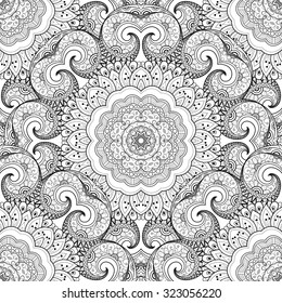 Vector Seamless Monochrome Ornate Pattern. Hand Drawn Mandala Texture, Vintage Indian Style