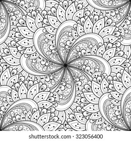 Vector Seamless Monochrome Ornate Pattern. Hand Drawn Mandala Texture, Vintage Indian Style
