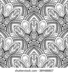 Vector Seamless Monochrome Ornate Pattern. Hand Drawn Mandala Texture, Vintage Indian Style