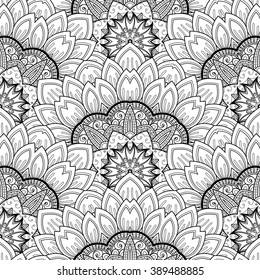 Vector Seamless Monochrome Ornate Pattern. Hand Drawn Mandala Texture, Vintage Indian Style