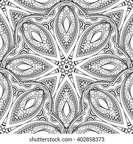 Vector Seamless Monochrome Ornate Pattern. Hand Drawn Mandala Texture, Vintage Indian Style