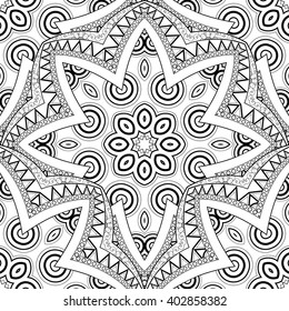 Vector Seamless Monochrome Ornate Pattern. Hand Drawn Mandala Texture, Vintage Indian Style