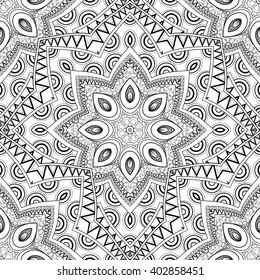 Vector Seamless Monochrome Ornate Pattern. Hand Drawn Mandala Texture, Vintage Indian Style