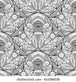 Vector Seamless Monochrome Ornate Pattern. Hand Drawn Mandala Texture, Vintage Indian Style