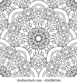 Vector Seamless Monochrome Ornate Pattern. Hand Drawn Mandala Texture, Vintage Indian Style