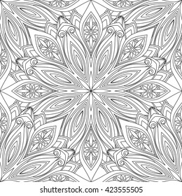 Vector Seamless Monochrome Ornate Pattern. Hand Drawn Mandala Texture, Vintage Indian Style