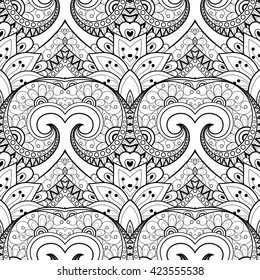Vector Seamless Monochrome Ornate Pattern. Hand Drawn Damask Texture, Vintage Style