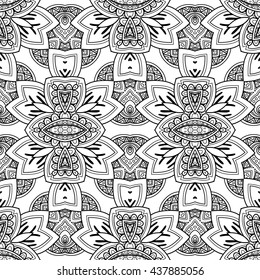 Vector Seamless Monochrome Ornate Pattern. Hand Drawn Damask Texture, Vintage Style