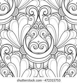 Vector Seamless Monochrome Ornate Pattern. Hand Drawn Damask Texture, Vintage Style