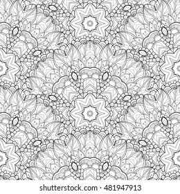 Vector Seamless Monochrome Ornate Pattern. Hand Drawn Mandala Texture, Vintage Indian Style