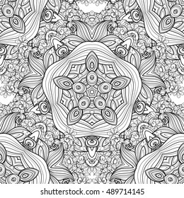 Vector Seamless Monochrome Ornate Pattern. Hand Drawn Mandala Texture, Vintage Indian Style