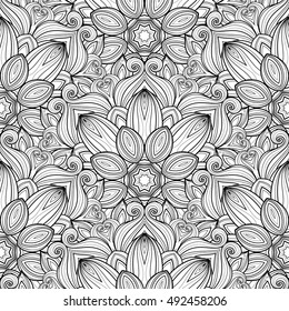 Vector Seamless Monochrome Ornate Pattern. Hand Drawn Mandala Texture, Vintage Indian Style