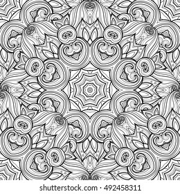 Vector Seamless Monochrome Ornate Pattern. Hand Drawn Mandala Texture, Vintage Indian Style