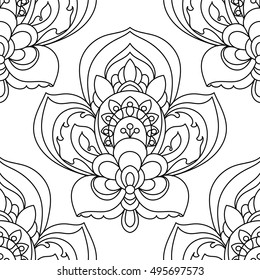 Vector Seamless Monochrome Ornate Pattern. Hand Drawn Mandala Texture, Vintage Indian Style outline