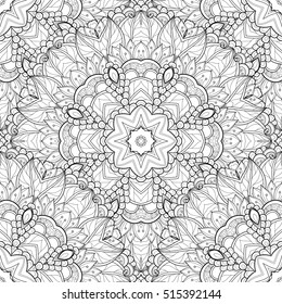 Vector Seamless Monochrome Ornate Pattern. Hand Drawn Mandala Texture, Vintage Indian Style