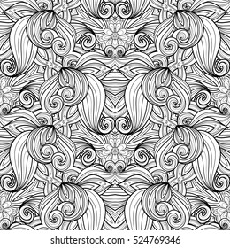 Vector Seamless Monochrome Ornate Pattern. Hand Drawn Mandala Texture, Vintage Indian Style