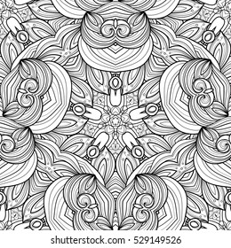 Vector Seamless Monochrome Ornate Pattern. Hand Drawn Mandala Texture, Vintage Indian Style
