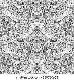Vector Seamless Monochrome Ornate Pattern. Hand Drawn Mandala Texture, Vintage Indian Style