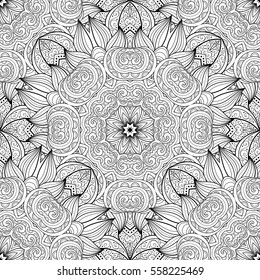 Vector Seamless Monochrome Ornate Pattern. Hand Drawn Mandala Texture, Vintage Indian Style