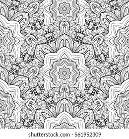 Vector Seamless Monochrome Ornate Pattern. Hand Drawn Mandala Texture, Vintage Indian Style