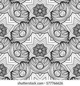 Vector Seamless Monochrome Ornate Pattern. Hand Drawn Mandala Texture, Vintage Indian Style