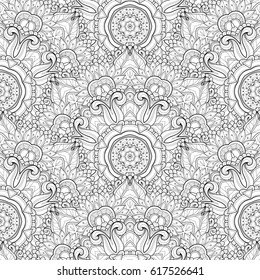 Vector Seamless Monochrome Ornate Pattern. Hand Drawn Mandala Texture, Vintage Indian Style
