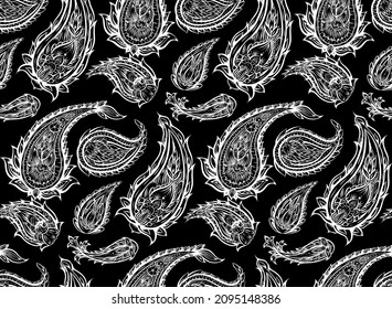 Vector seamless monochrome paisley pattern. White tribal flower texture on dark background. Indian ornament. Natural boho decoration