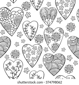Vector seamless monochrome pattern of beautiful hearts with flowers. The best for Valentines's Day, Wedding and Birthday design.