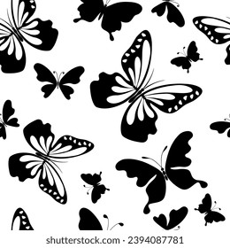 Vector seamless monochrome pattern with black butterflies on the transparent background