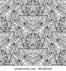 Vector Seamless Monochrome Pattern For Coloring. Hand Drawn Decorative Scales