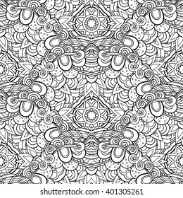 Vector Seamless Monochrome Pattern For Coloring. Hand Drawn Decorative Scales