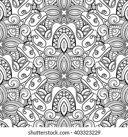 Vector Seamless Monochrome Pattern For Coloring. Hand Drawn Decorative Scales