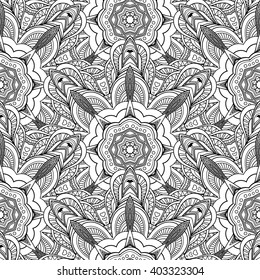 Vector Seamless Monochrome Pattern For Coloring. Hand Drawn Decorative Scales