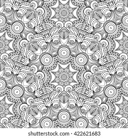 Vector Seamless Monochrome Pattern For Coloring. Hand Drawn Decorative Scales