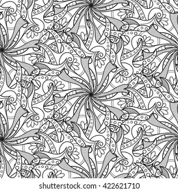 Vector Seamless Monochrome Pattern For Coloring. Hand Drawn Decorative Scales