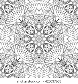 Vector Seamless Monochrome Pattern For Coloring. Hand Drawn Decorative Scales