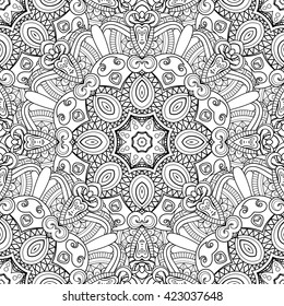 Vector Seamless Monochrome Pattern For Coloring. Hand Drawn Decorative Scales