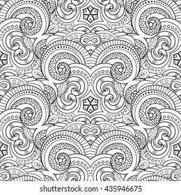 Vector Seamless Monochrome Pattern For Coloring. Hand Drawn Decorative Scales